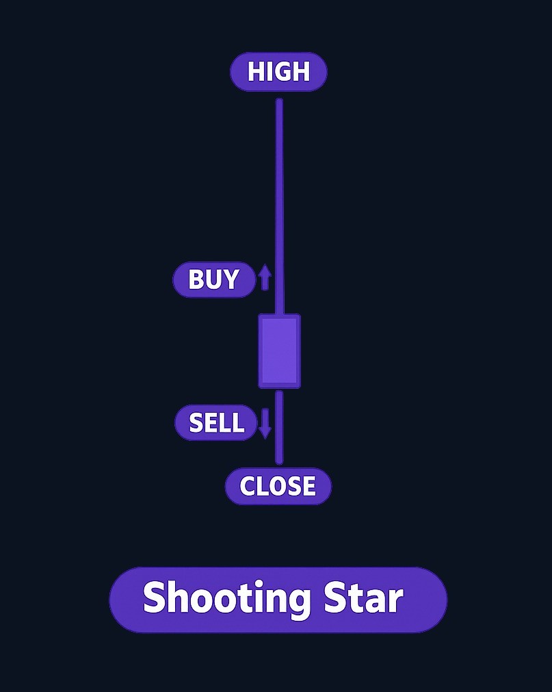 A shooting star has a long upper wick showing buyers pushed higher but sellers regained control by close, signaling potential weakness after a rally.