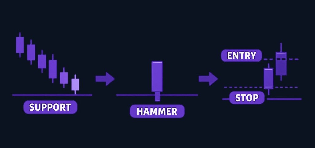 Example setup: GBP/USD falls to support, prints a hammer, then confirms with next candle closing above the hammer high—a structured entry signal with defined invalidation.