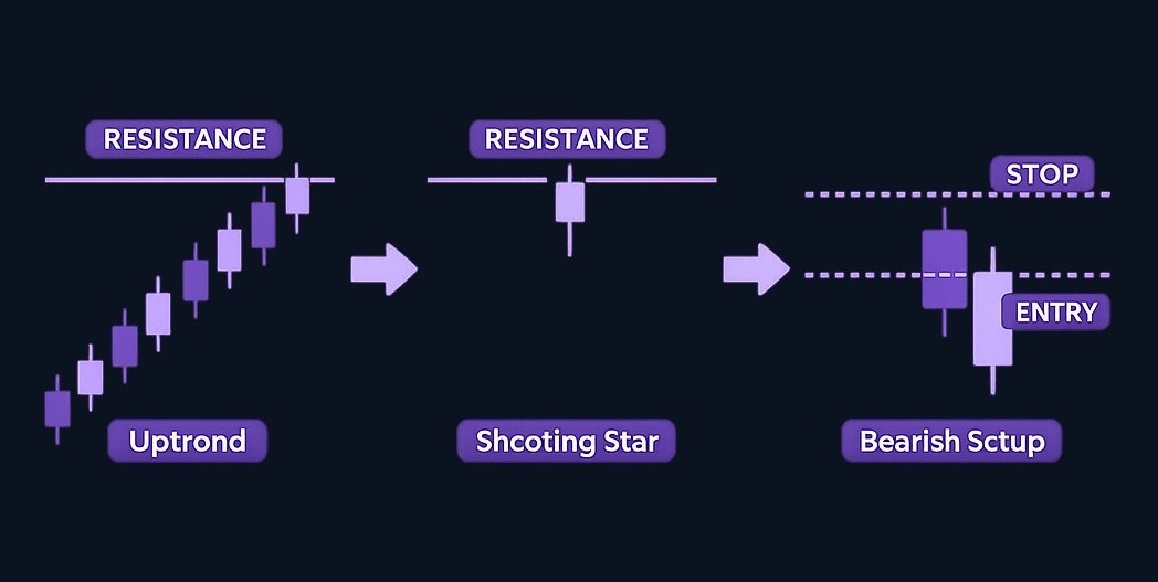 Example: USD/JPY rallies into resistance, forms a shooting star, then confirms bearish with next candle closing below the shooting star low—signaling potential exhaustion.