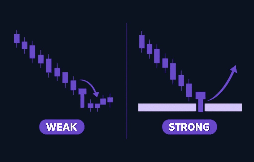 Context matters: the same candlestick pattern can mean different things depending on trend strength. A hammer in a strong downtrend