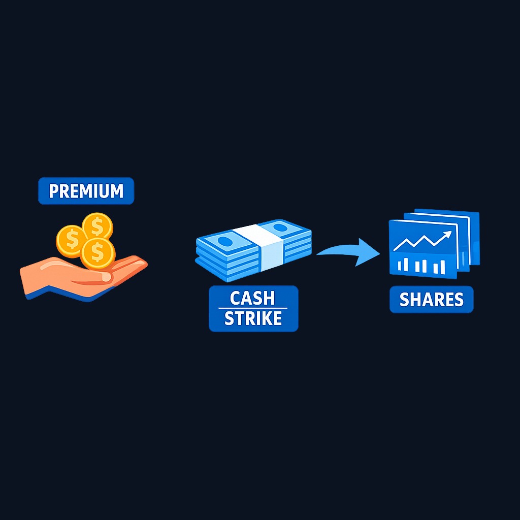 When you sell a cash-secured put, you receive premium upfront and reserve cash equal to the strike price × 100. If assigned, that cash is used to purchase the shares at the strike price.