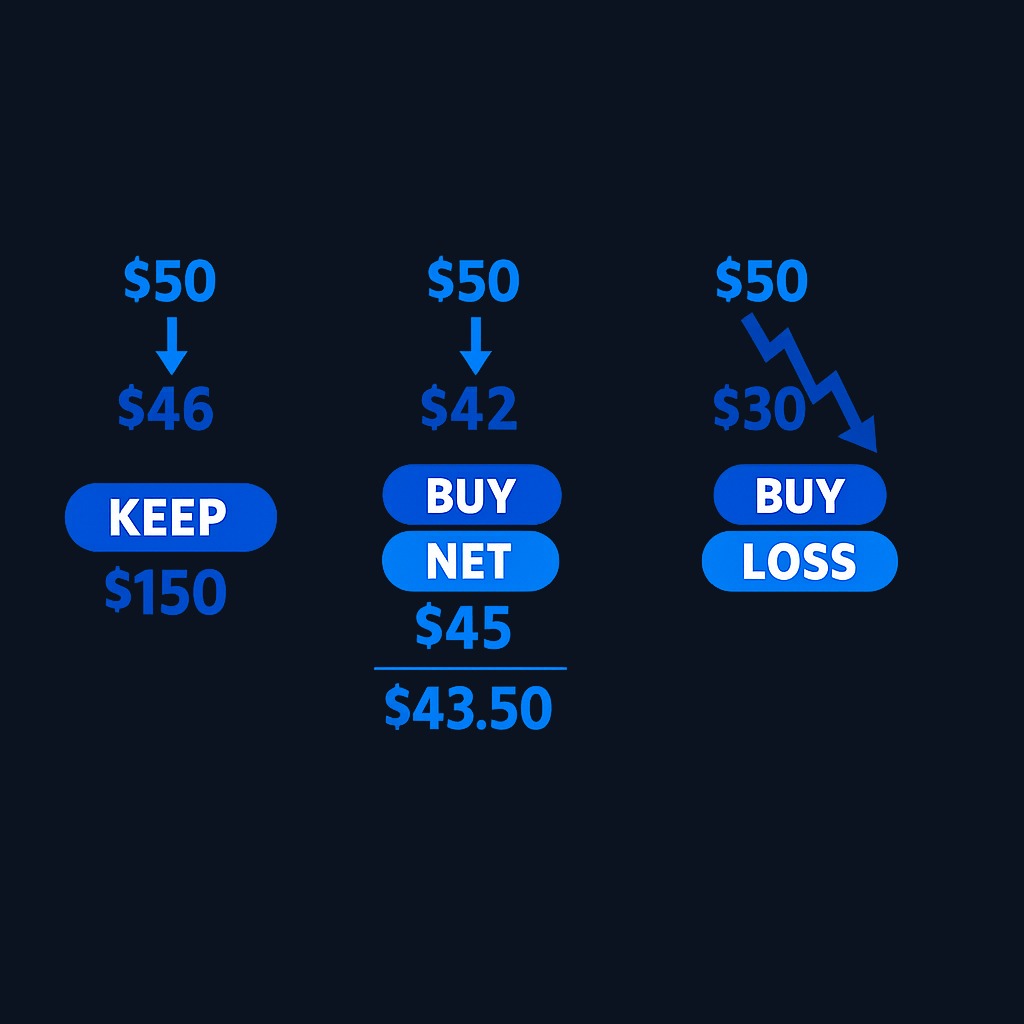 Three possible outcomes when selling a $45 strike put for $1.50 premium on a $50 stock: (1) Stock stays above $45—keep $150 premium, (2) Stock falls to $42—buy at $45, net cost $43.50, (3) Stock crashes to $30—still buy at $45, large loss despite premium.