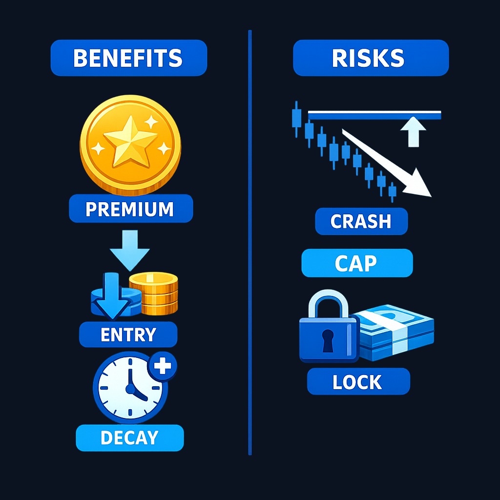 The cash-secured put offers premium income and controlled entry, but caps upside to the premium and obligates purchase even during severe declines. Time decay favors the seller, yet opportunity cost and downside risk remain real.