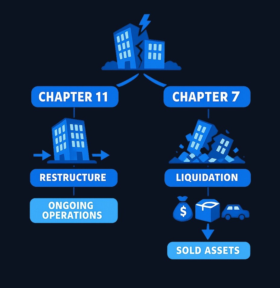 Chapter 11 allows a company to restructure debts and continue operating, unlike Chapter 7 which shuts the business down entirely. The