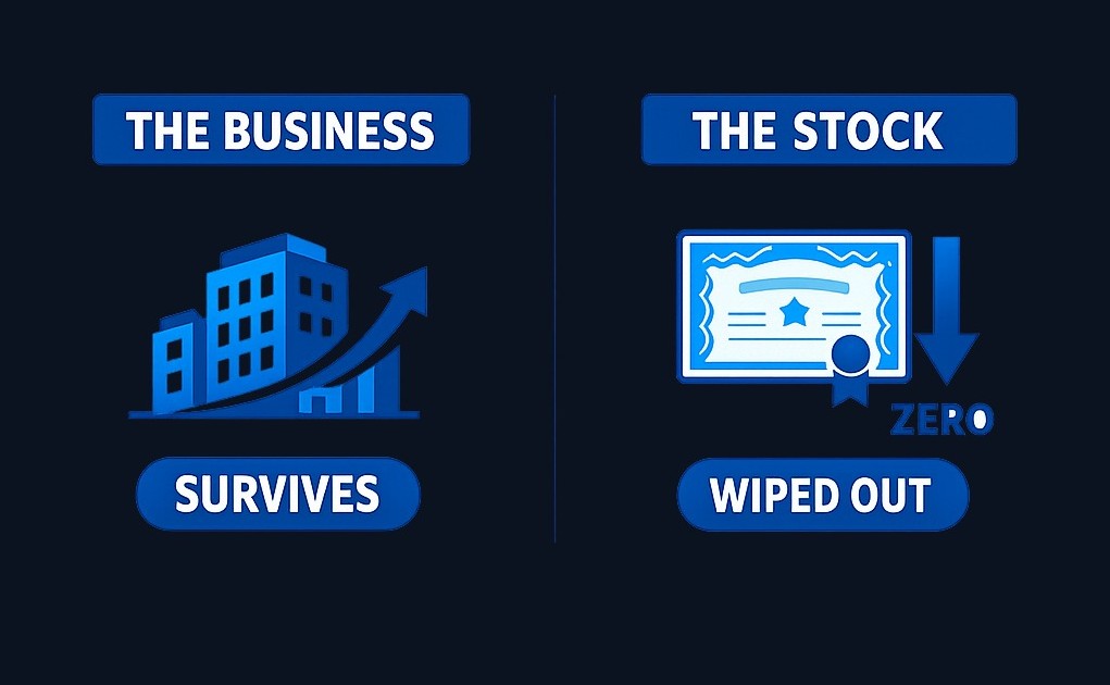A company and its stock are not the same thing. The business can successfully reorganize and continue operating for years, while the