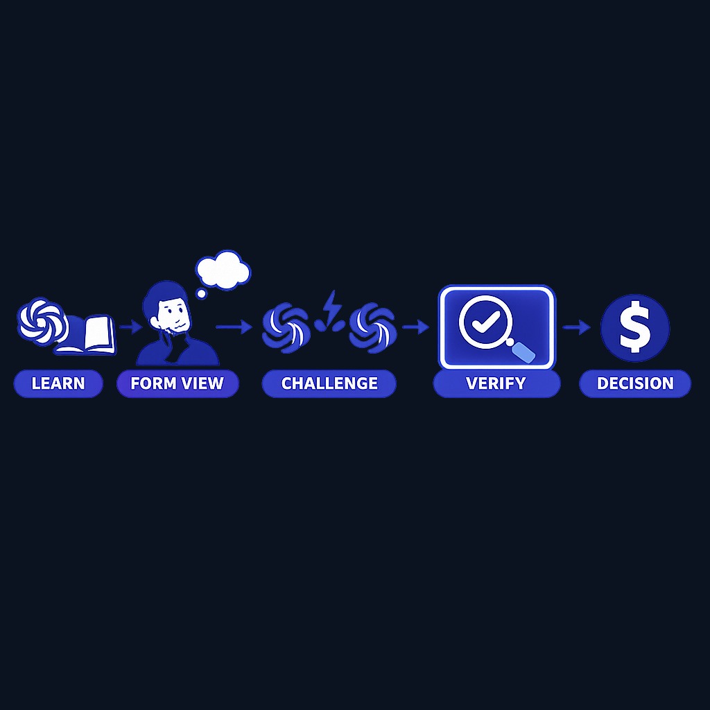 The verification gate: ChatGPT helps you learn and summarize, you form a view, you ask it to challenge you, then you verify every fact that matters before real money is involved. Skip verification and you turn help into risk.