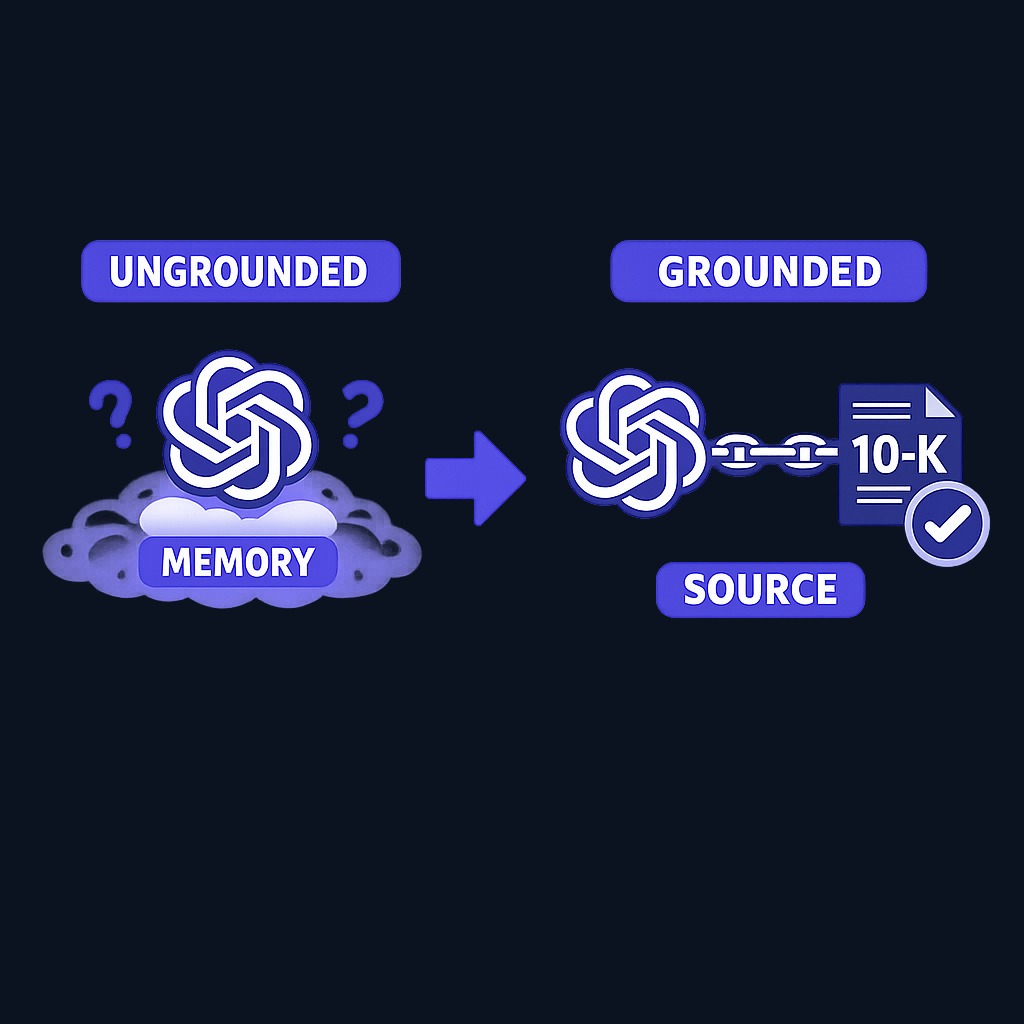 Grounding changes everything: without a source, ChatGPT relies on potentially outdated or invented memory. With the actual document