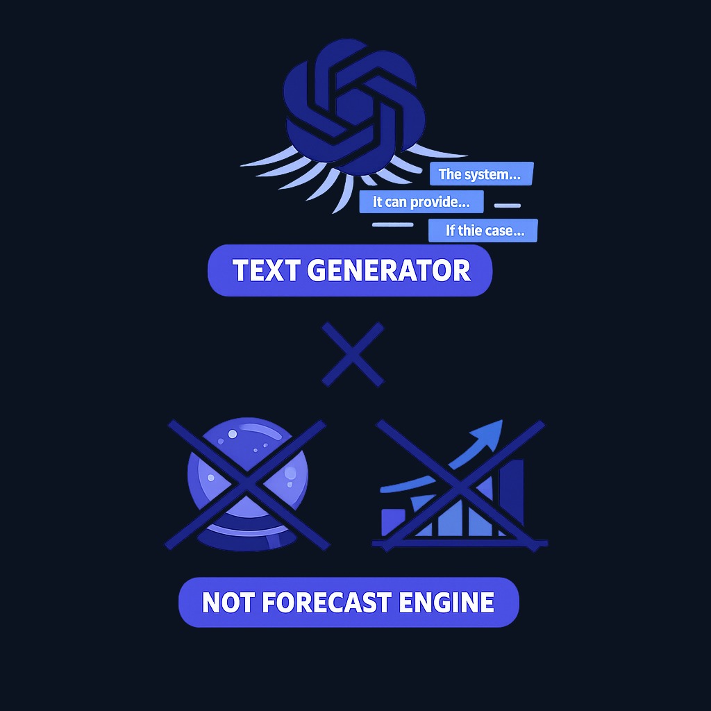 ChatGPT generates plausible text, not forecasts. When you ask 'where is this stock going,' it produces words that sound reasonable, not a