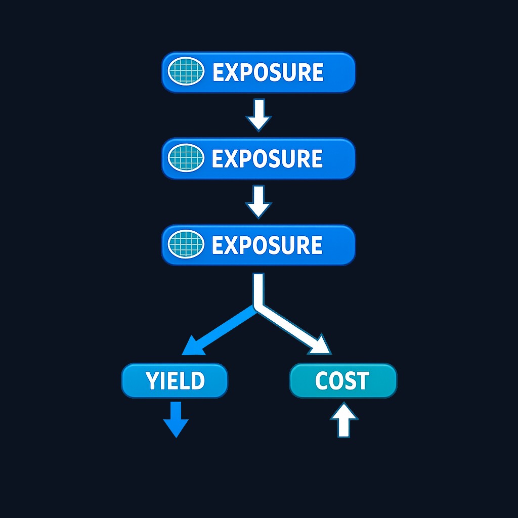 Multipatterning requires multiple exposure steps per chip layer, increasing production time, complexity, and cost while reducing manufacturing yield compared to single-exposure processes.