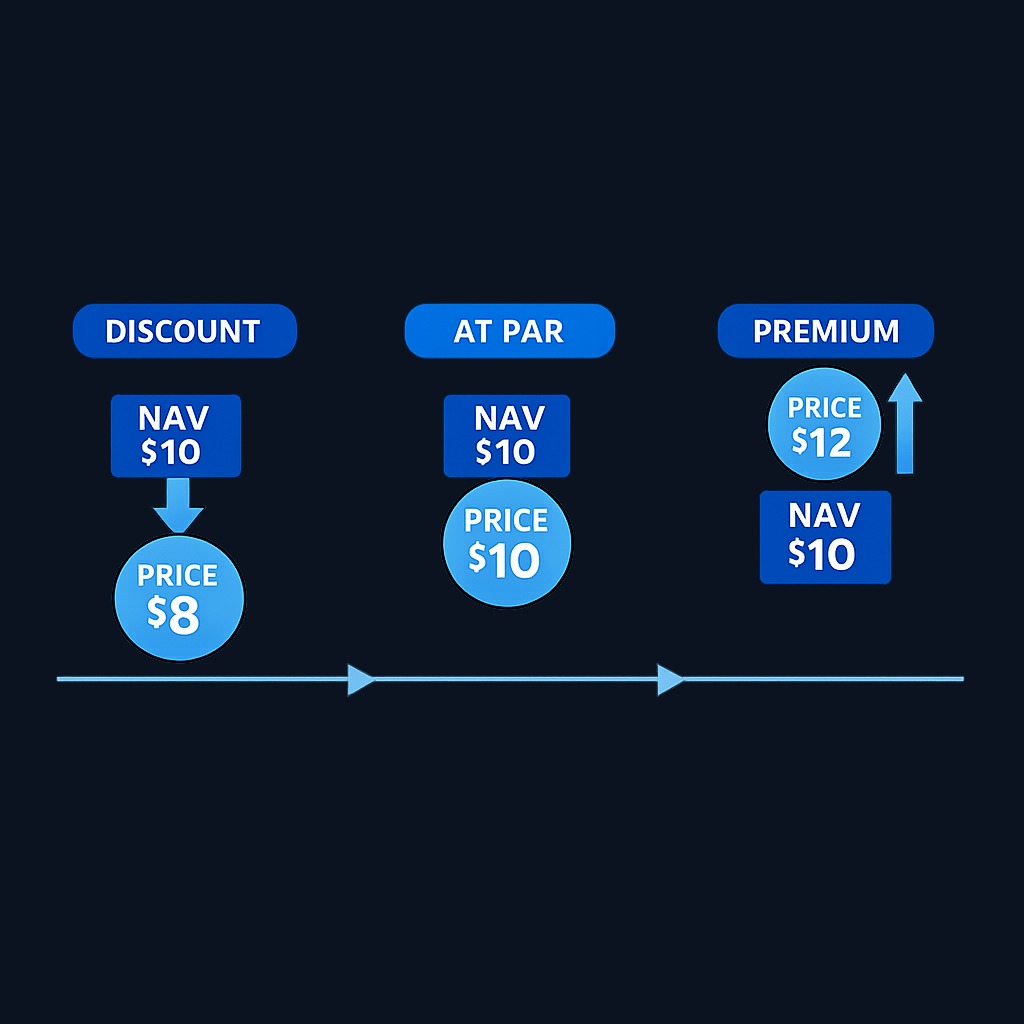 How closed-end fund pricing works: when market demand is low, shares trade below net asset value (discount); when demand is high, they trade above (premium). The gap can persist because share supply is fixed.