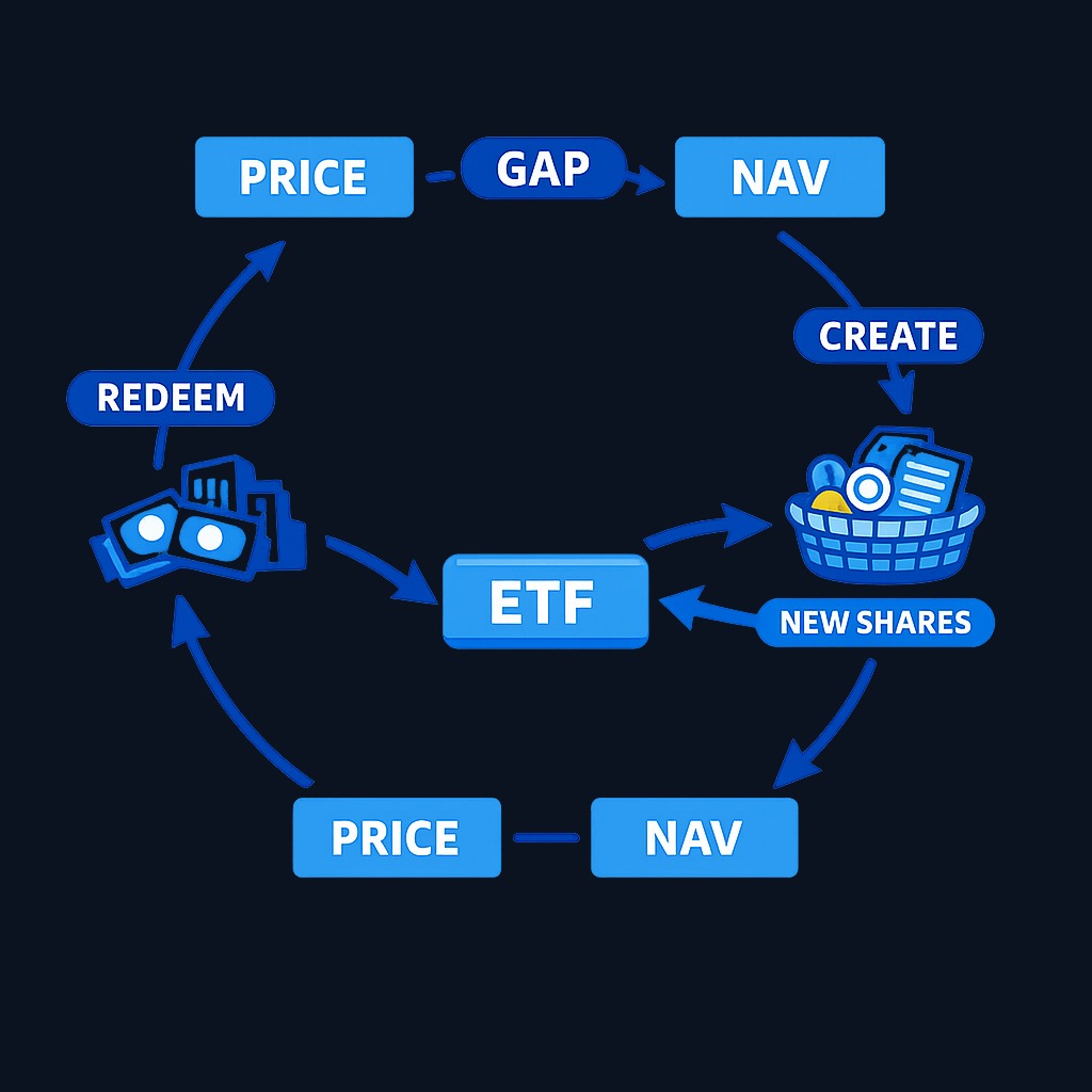 The ETF arbitrage mechanism: when market price rises above net asset value, institutions create new shares and sell them (pushing price down). When price falls below NAV, they redeem shares (pushing price up). This keeps ETF prices tight to their underlying value.