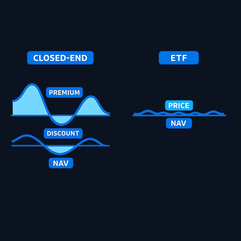 The fundamental pricing difference: closed-end fund investors may pay significantly more or less than asset value, and that gap fluctuates.