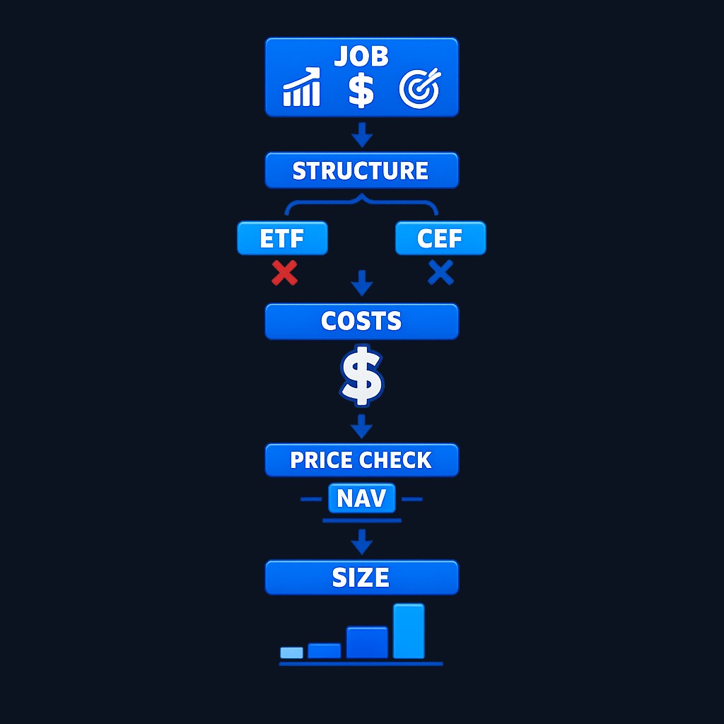 Decision sequence for choosing between fund structures: start with your investment goal, match it to the appropriate structure based on pricing and liquidity needs, verify costs and risks, then size the position appropriately. Each step filters your options.