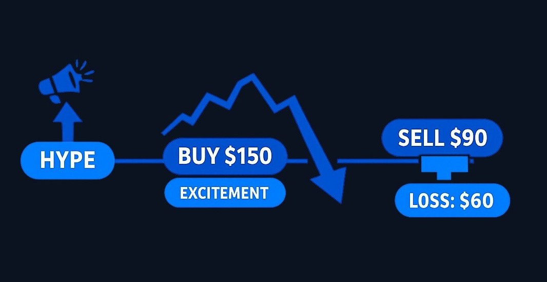 Maya buys a hyped stock without research or position sizing. When the price drops, emotional pressure forces her to sell at a loss—a
