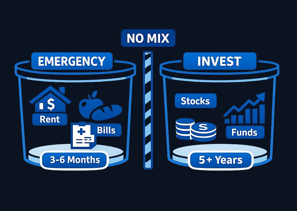 Short-term safety money should stay separated from long-term investing money. Emergency funds protect you from being forced to sell