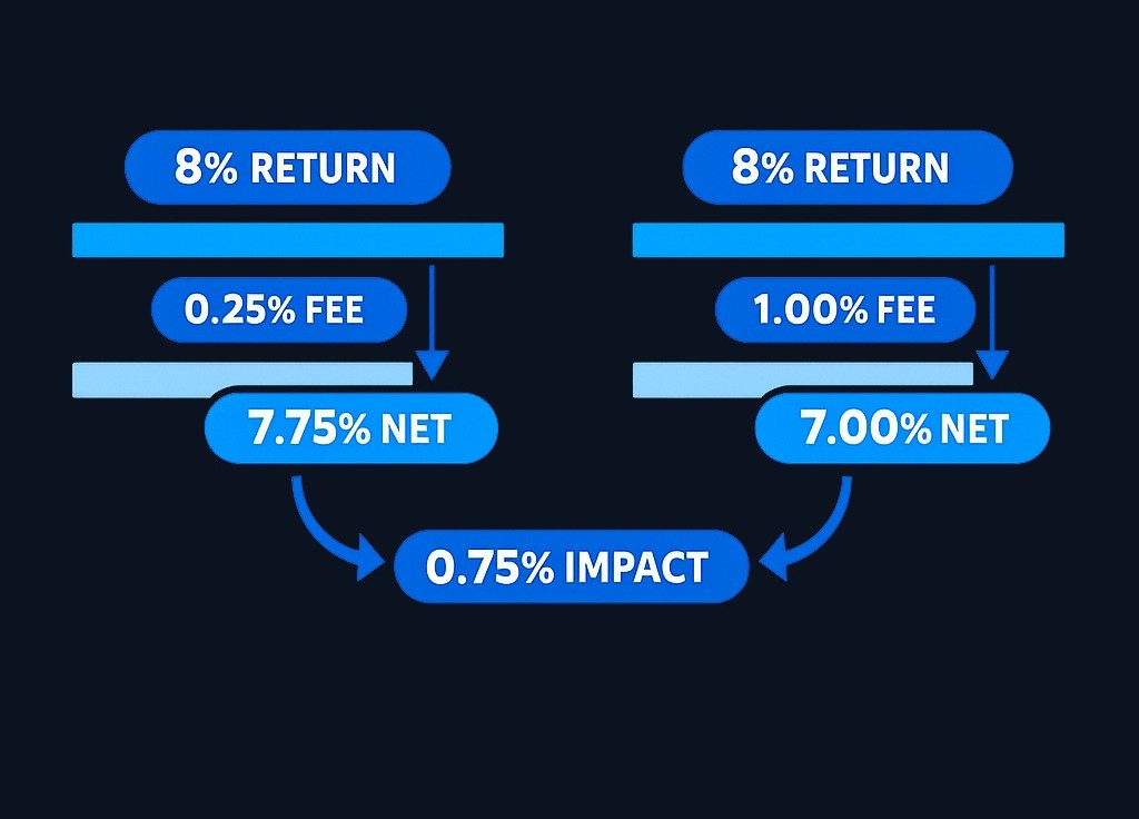 Over time, a 0.75% annual fee difference can significantly impact your net returns. This example shows two hypothetical investments with