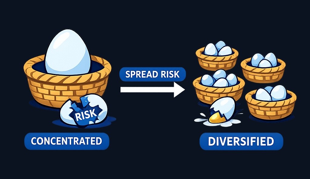Concentration means your portfolio's fate depends heavily on one company's performance. Diversification spreads risk across multiple