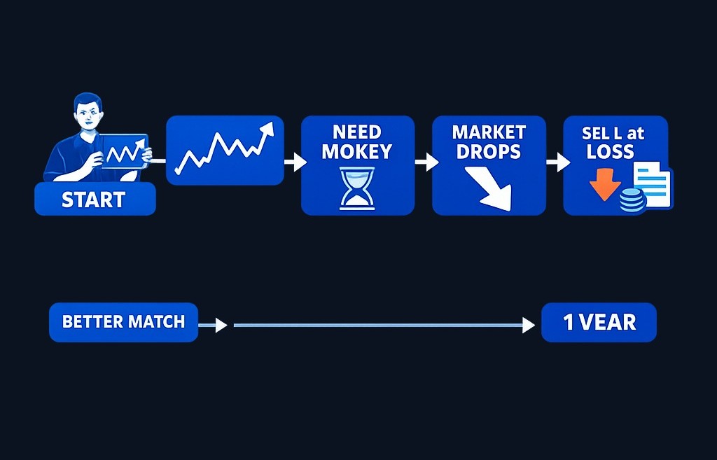 Jordan chose a volatile investment for a 1-year goal. When the market dropped before the deadline, Jordan had to sell at a loss.