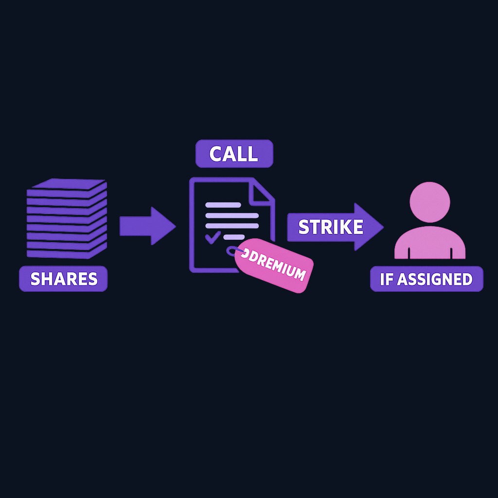 A covered call position: you own 100 shares and sell one call contract against them. The premium is immediate income, but you must deliver shares at the strike if assigned.