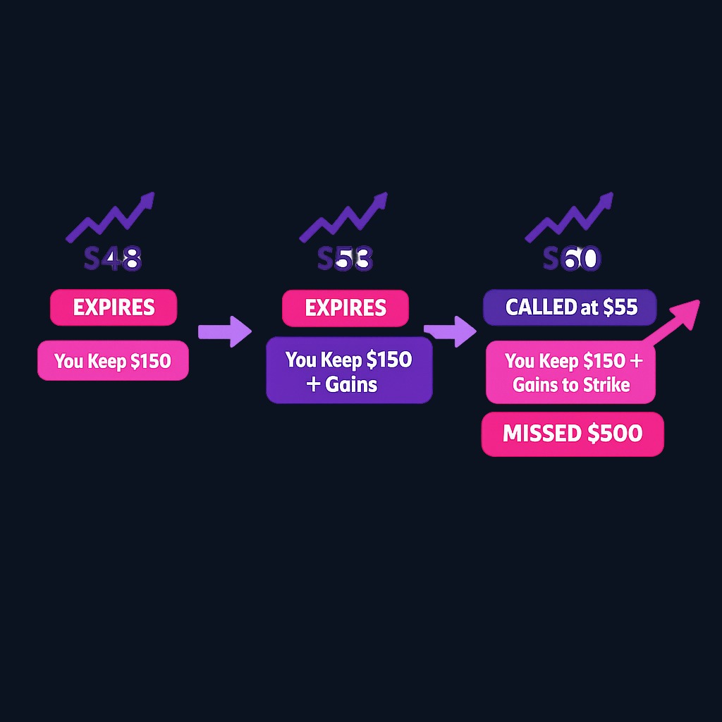 Three outcomes for a covered call: stock at $50, sold $55 call for $1.50 premium. At $48 you keep premium and shares. At $53 you keep both plus gains. At $60 shares are called away, capping your profit at the strike.