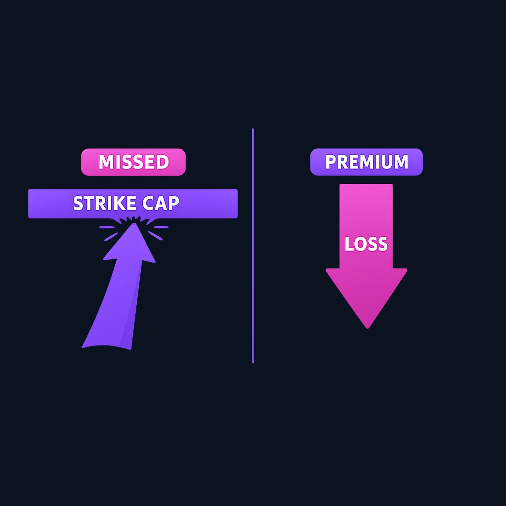 The covered call trade-off: upside is capped at the strike (you miss breakouts), but downside remains nearly full (the premium provides only a small cushion on losses).