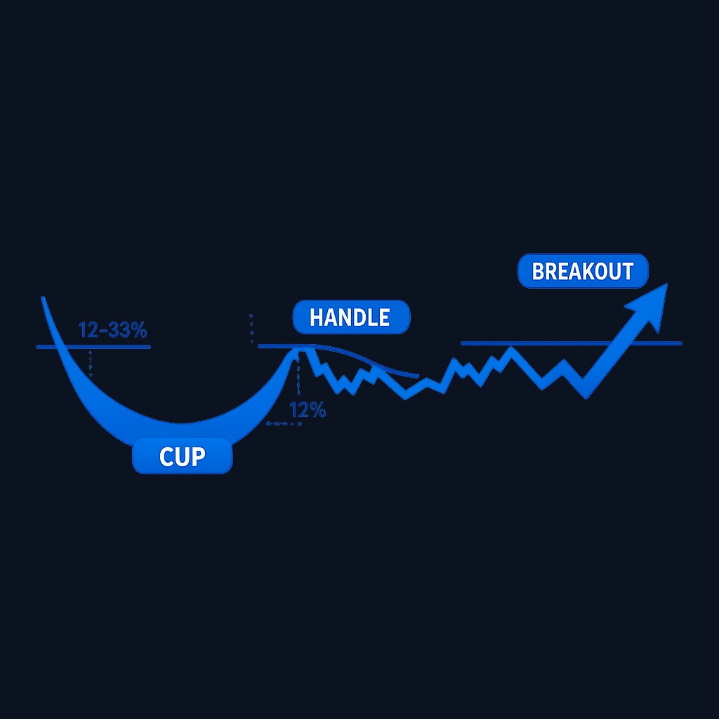 Anatomy of a cup-and-handle formation. The cup traces a gradual U-shaped decline and recovery (typically 12–33% correction). The handle is a smaller consolidation near the prior high (usually under 12% depth, staying in the upper half). The breakout occurs when price closes above the handle's high on strong volume.