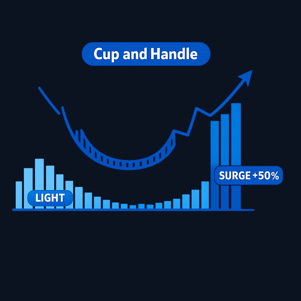 The volume signature of a valid cup-and-handle. Volume should decline as the cup bottoms (showing exhaustion), remain light through the handle (final sellers clearing), then surge 40–50% above average on breakout. Low-volume breakouts have significantly higher failure rates.