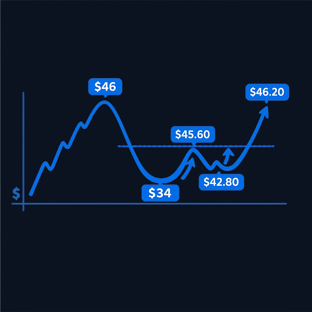 Meridian Robotics example: Stock rallies to $46, corrects 26% to $34 forming the cup, recovers to $45.60, then consolidates in a handle dipping 6.1% to $42.80. Breakout occurs at $45.70 (handle high + $0.10), confirmed at $46.20 on 80% above-average volume.