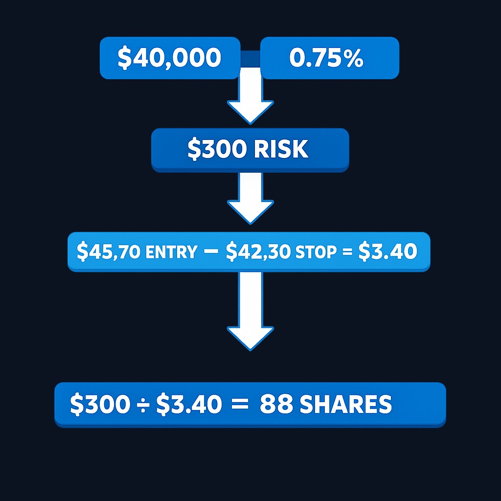 Position-sizing calculation for the Meridian trade: Account: $40,000 × 0.75% risk = $300 maximum loss. Entry: $45.70, Stop: $42.30. Risk per share: $3.40. Position size: $300 ÷ $3.40 = 88 shares. This ensures one stopped-out trade loses exactly $300, protecting capital while allowing upside.