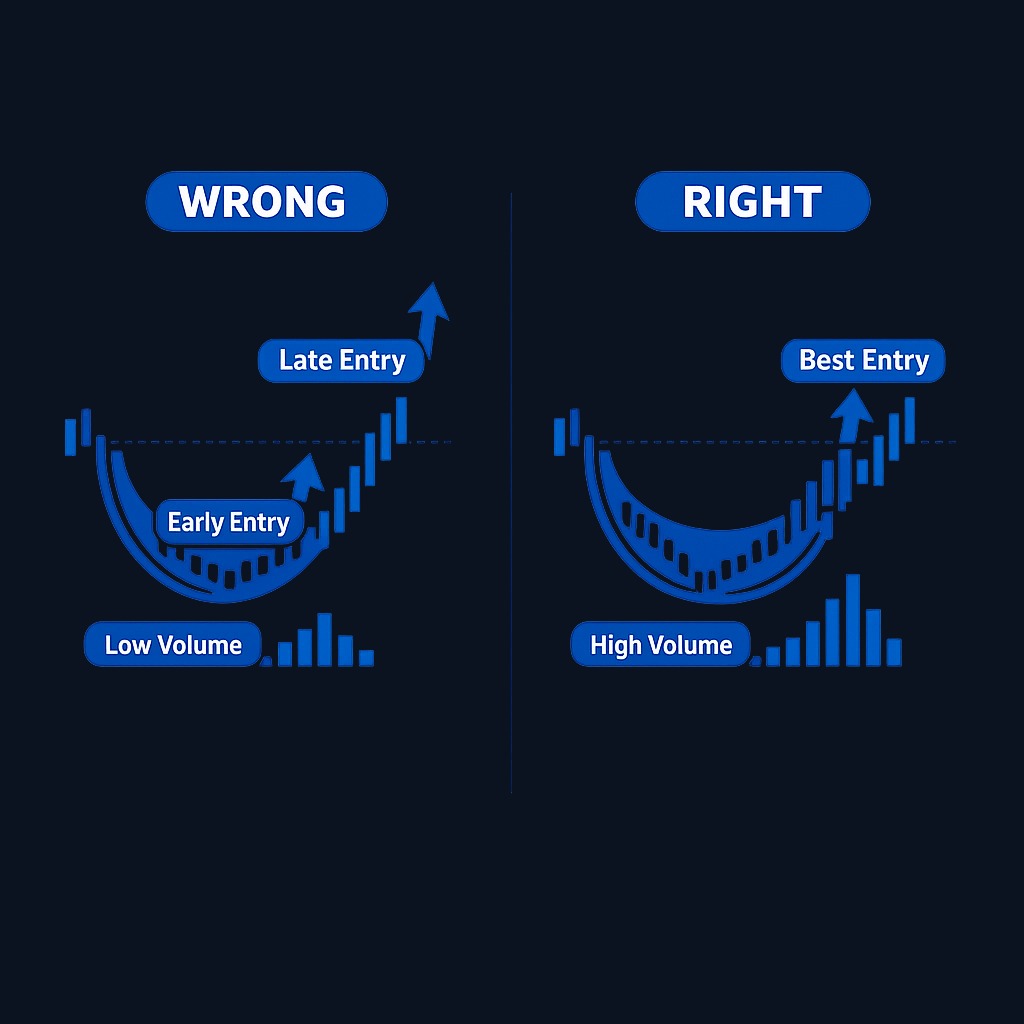 Common mistakes that invalidate the setup. Buying early inside the base turns a defined-risk trade into speculation. Low-volume breakouts fail at much higher rates. Malformed handles (too deep, in lower half) degrade odds. Chasing extended breakouts 8–10% above the trigger ruins risk-reward because stop distance expands while target remains fixed.