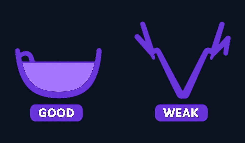 The cup should be rounded and gradual, not a sharp V. The handle should be noticeably smaller than the cup and stay in the upper