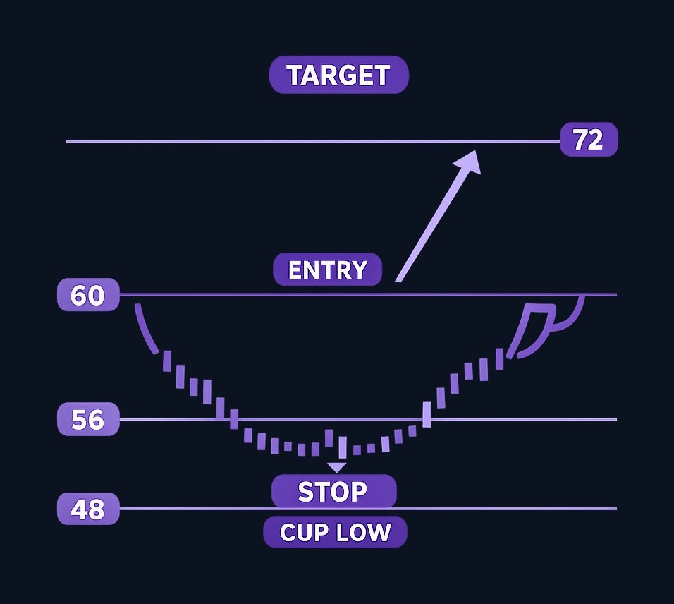 Example setup: stock rises to 60 (resistance), pulls back to 48 (cup low), recovers and forms handle at 56. Entry on breakout above 60, stop below 56, measured target at 72 (cup depth 12 points projected upward).