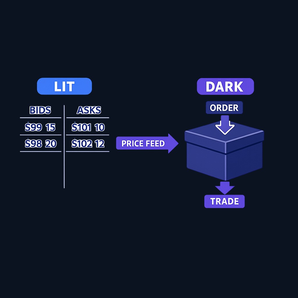 In a lit exchange, the order book shows all resting bids and asks. In a dark pool, orders remain hidden until matched, then the completed trade is reported publicly.