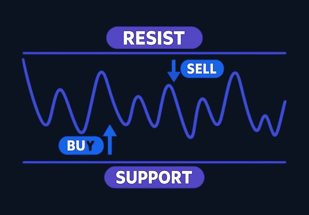 Range trading involves identifying a price area where the market moves between support (bottom) and resistance (top). Traders may look