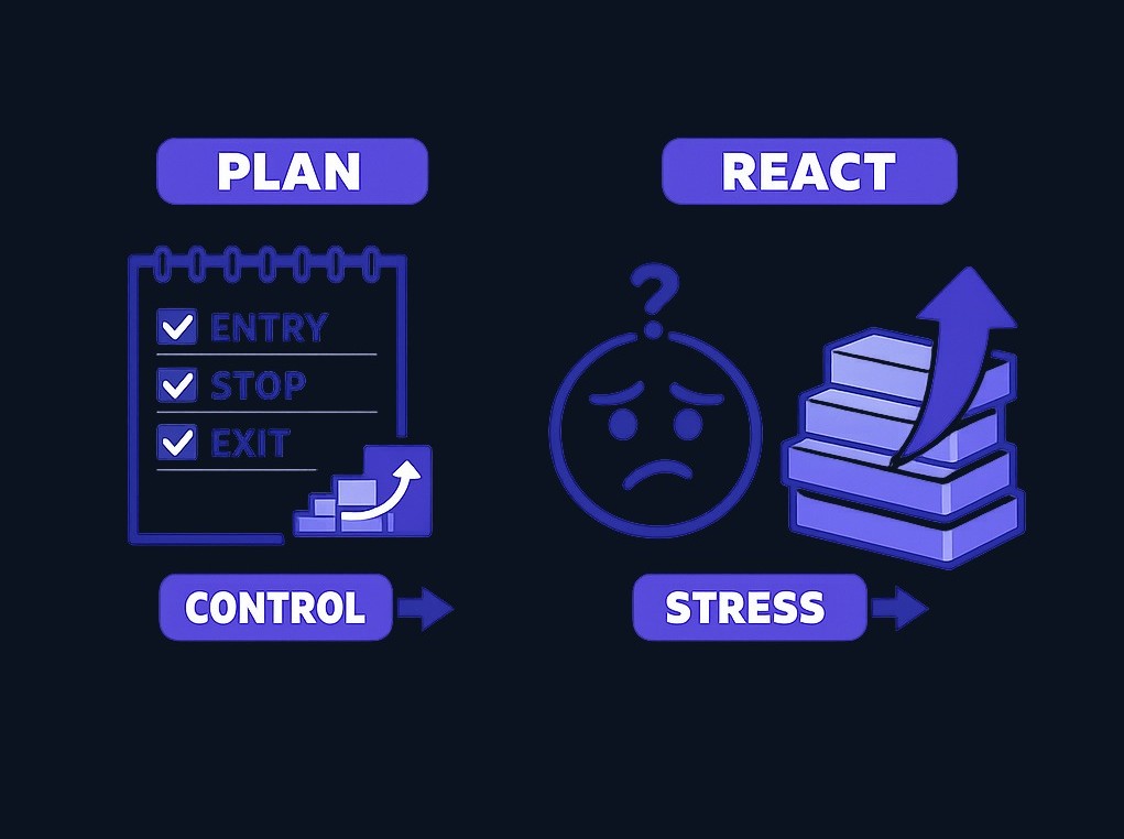 Two different beginner approaches lead to different outcomes. A disciplined trader defines rules before entering, uses a stop-loss, and