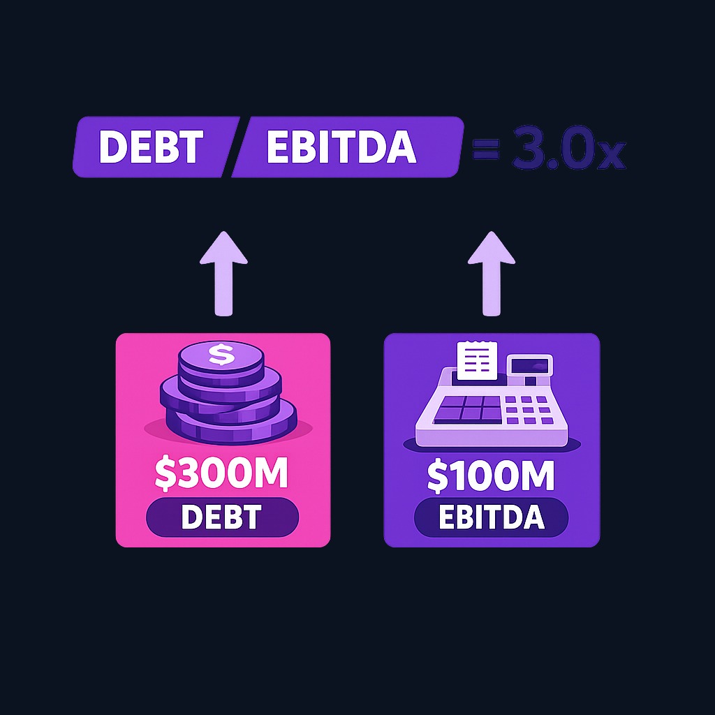 The debt to EBITDA ratio compares total borrowings against operating earnings. A 3.0x ratio means debt equals three times annual EBITDA, though this does not represent actual repayment time.