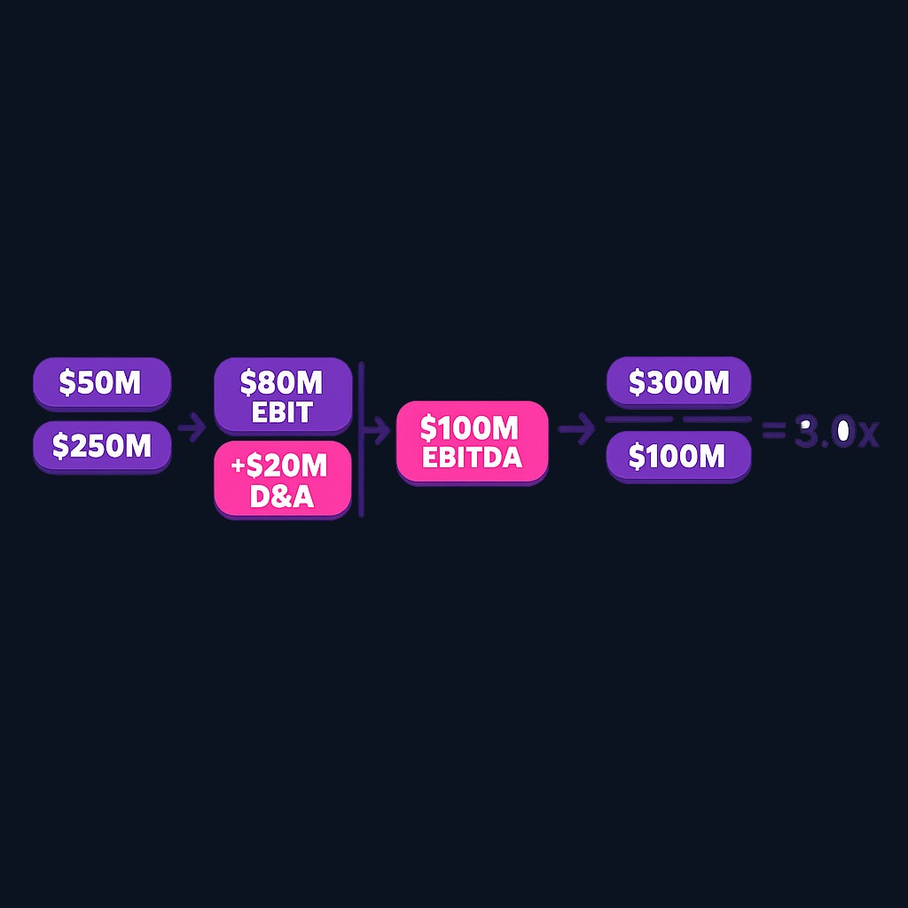 Step-by-step calculation for a manufacturer: $300 million total debt divided by $100 million EBITDA yields a 3.0x leverage ratio. EBITDA adds back depreciation and amortization to operating income.