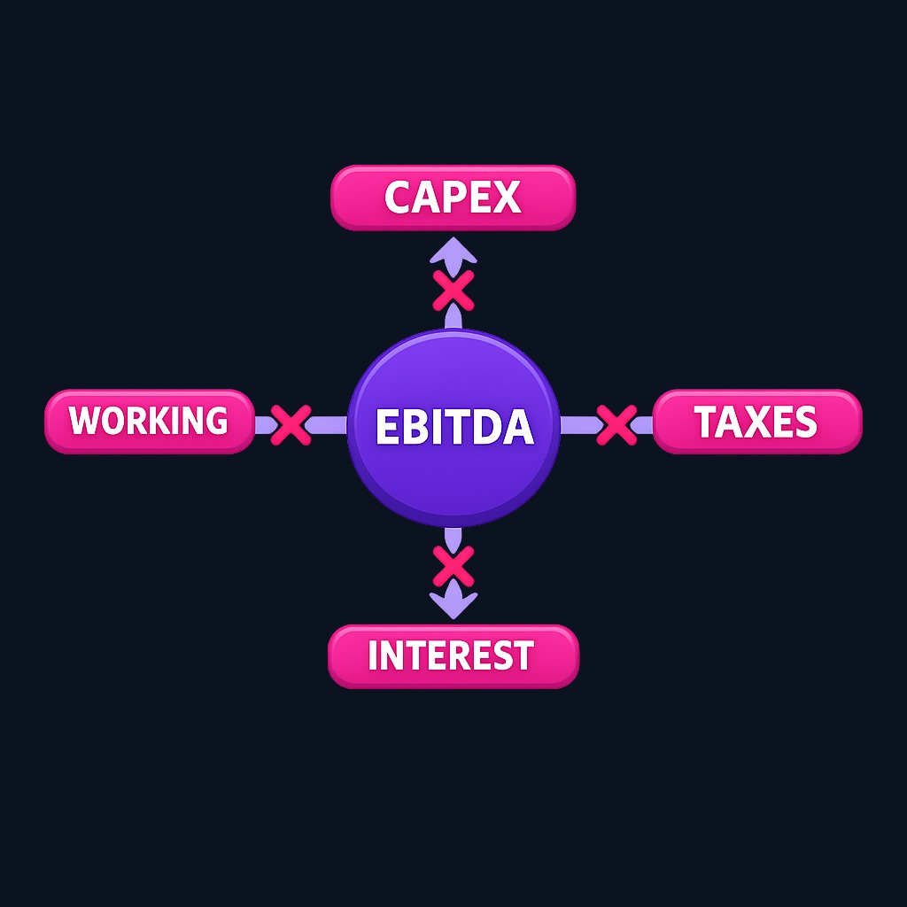 EBITDA excludes four major cash outflows that reduce funds available for debt repayment: capital expenditures for equipment and facilities, working capital for inventory and receivables, tax payments to governments, and interest on existing debt.