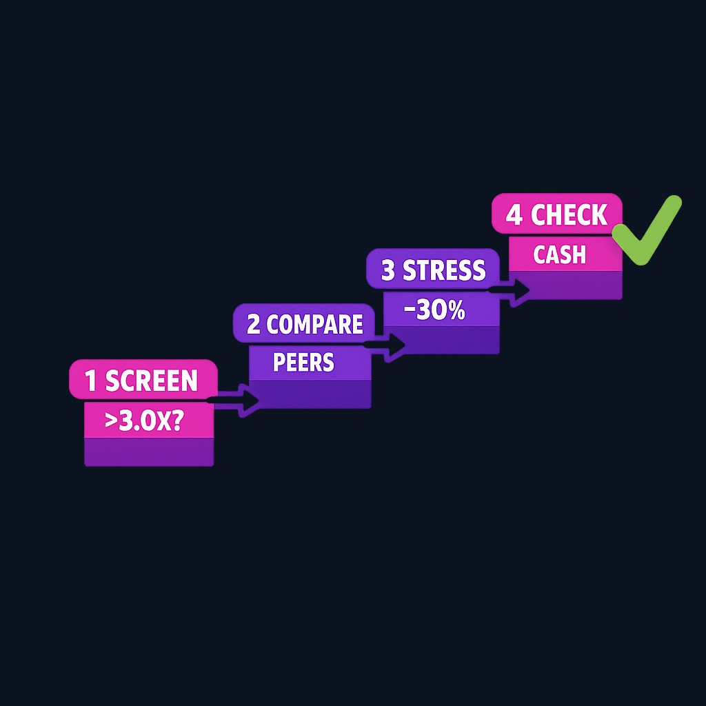 A four-stage analysis process: screen companies using a 3.0x threshold, compare against peers and history, test sensitivity to a 20–30% earnings drop, then cross-check with cash flow and maturity data before making an investment decision.