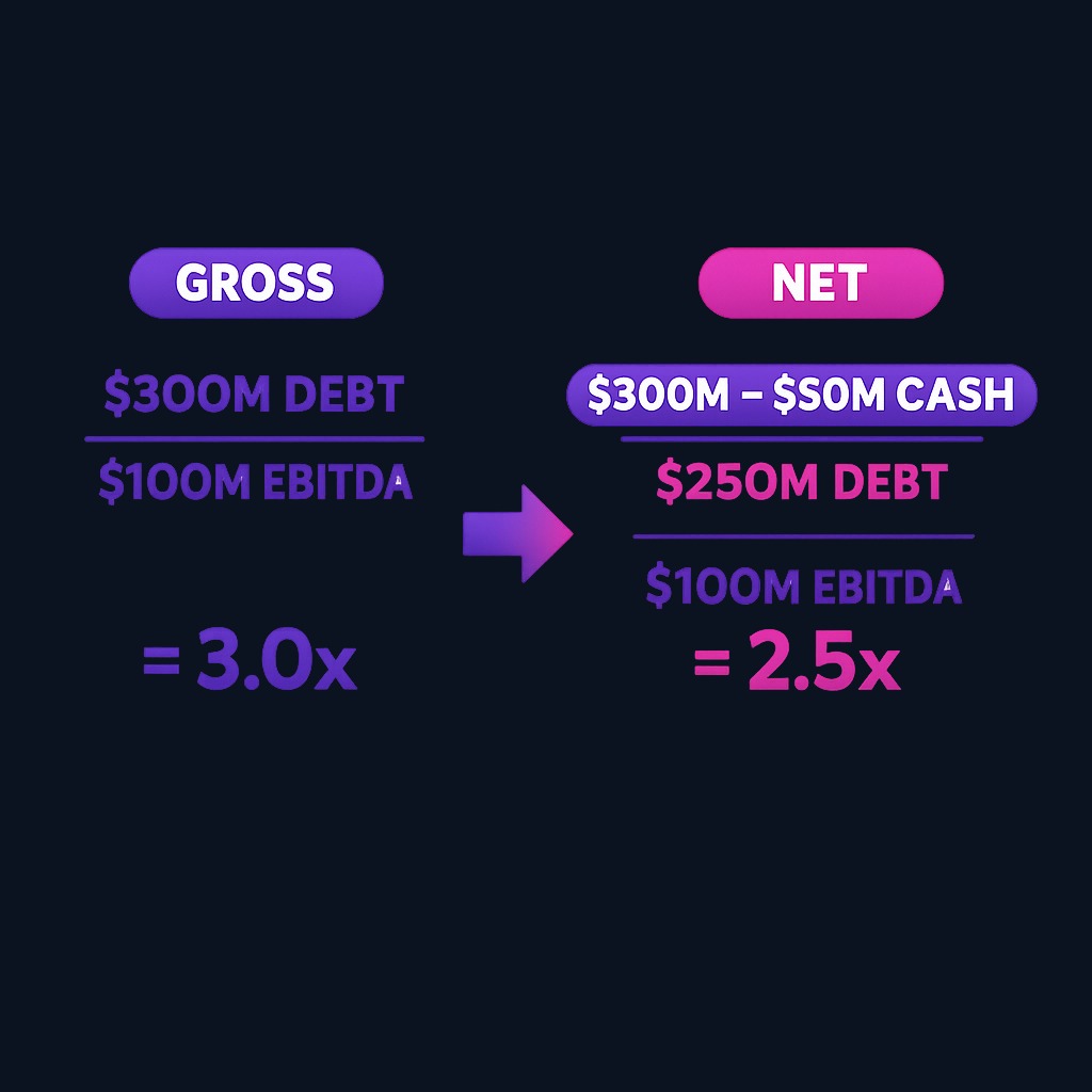 Net debt starts with total borrowings but subtracts cash reserves, rewarding companies with strong liquidity. A firm with $300M debt and $50M cash shows 3.0x gross leverage but only 2.5x net leverage.