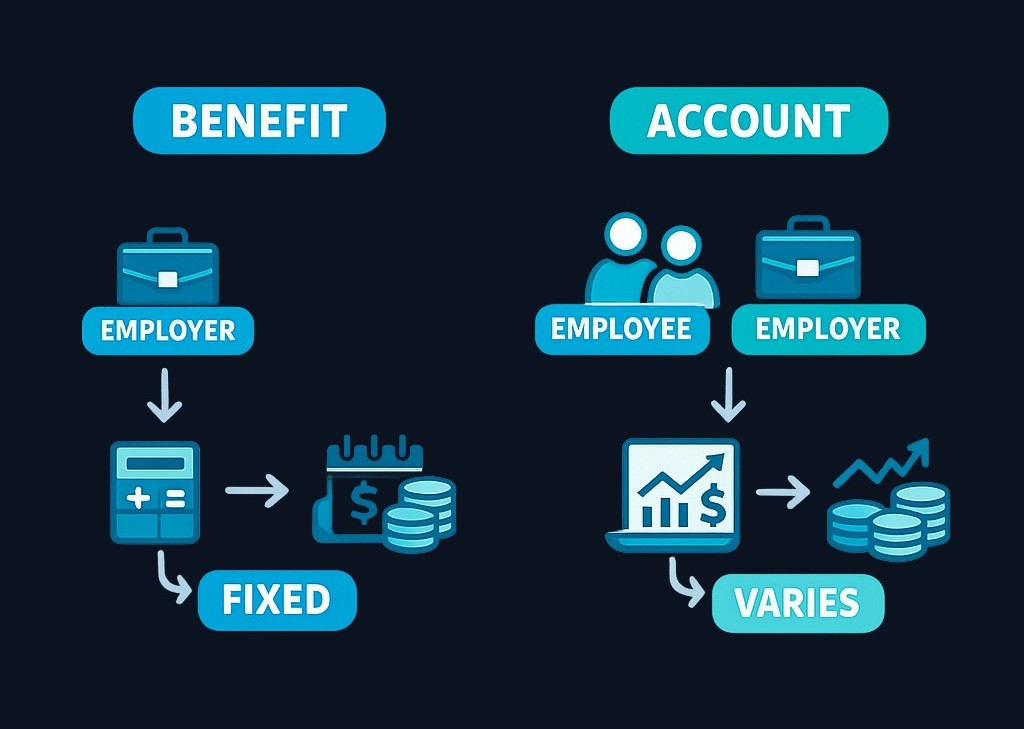 A defined benefit plan promises a specific retirement payment (fixed benefit), while a defined contribution plan creates an individual account where the final value depends on contributions and investment performance.