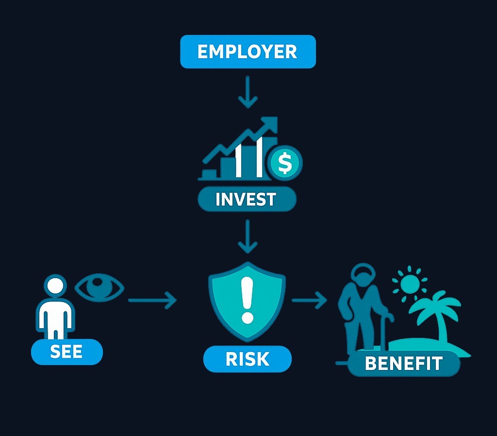 In a defined benefit plan, the employer manages investments and bears the investment risk, while the employee receives a predictable benefit based on the plan's formula. The employee has limited control over investment decisions.