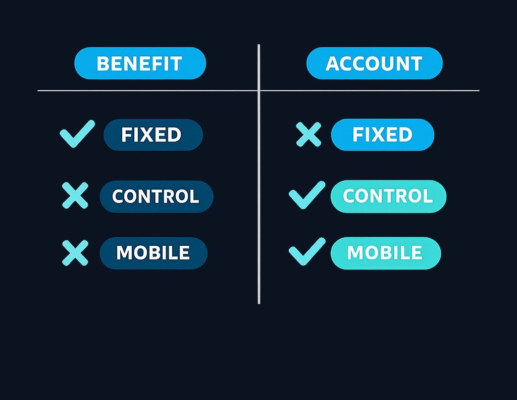 Key differences: Defined benefit plans offer predictable income but less control and portability. Defined contribution plans offer account