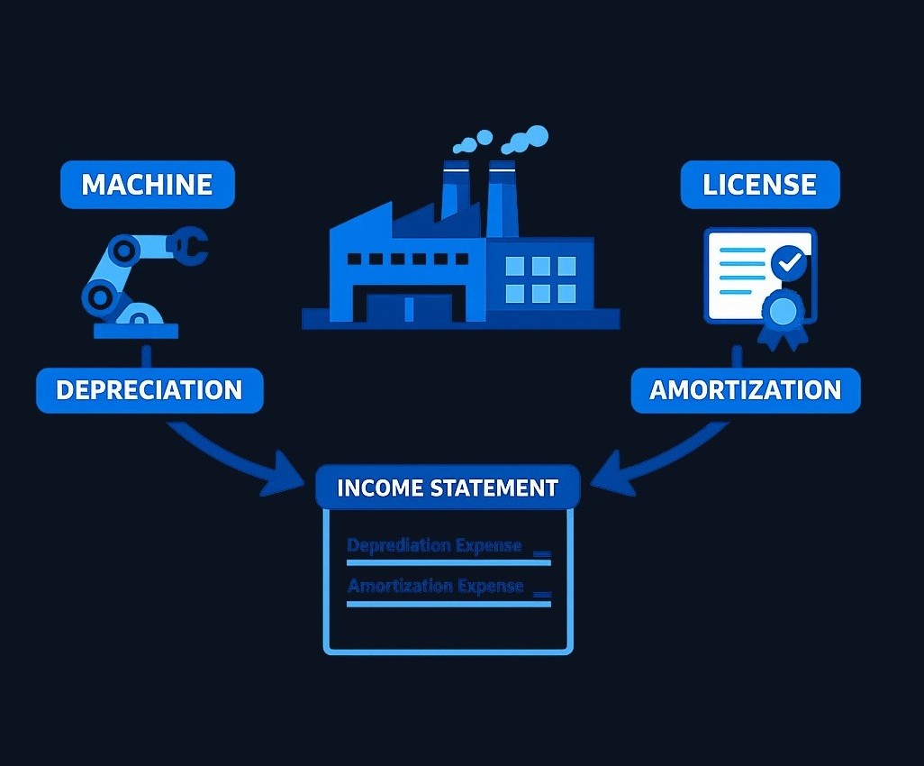 A single manufacturer may depreciate its production machinery (a tangible asset subject to wear) while simultaneously amortizing a purchased technology license (an intangible asset with a finite legal term). Both expenses appear in the same income statement but