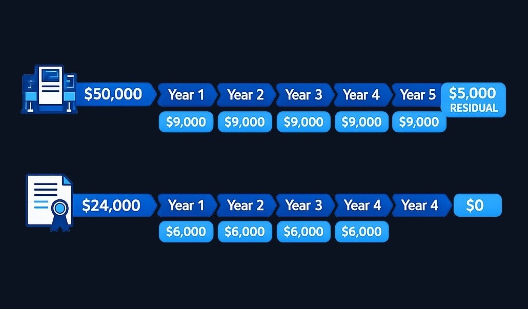 Straight-line method example: Equipment costing $50,000 with $5,000 residual value over 5 years produces $9,000 annual depreciation.