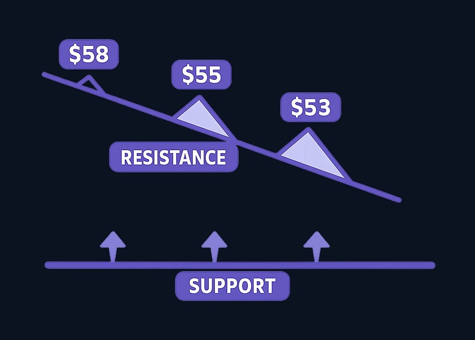 A descending triangle forms when price makes progressively lower highs (sellers becoming more aggressive) while bouncing repeatedly off horizontal support (buyers defending a zone). The converging lines create the triangle shape.
