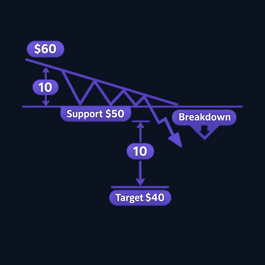 To estimate a potential price target, measure the triangle's height at its widest point (from highest swing to support), then project that distance downward from the breakout level. In this example: triangle height is 10 points, so target is 10 points below the 50 support