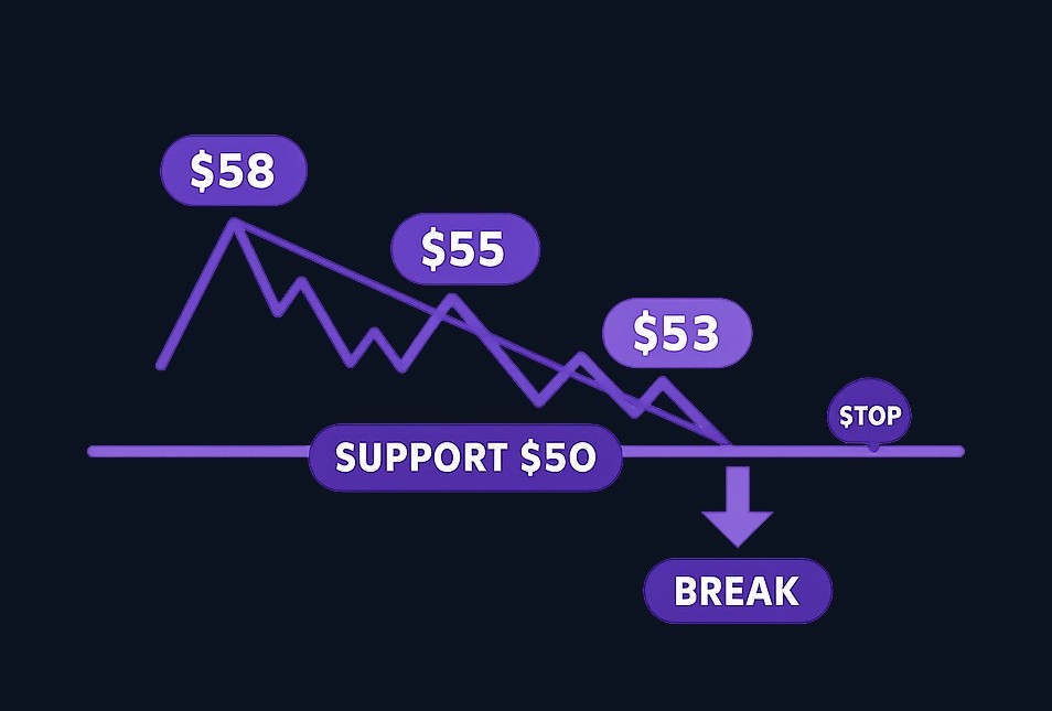 Bearish continuation example: A stock bounces from $50 support three times, but each rally weakens (from $58 to $55 to $53). When