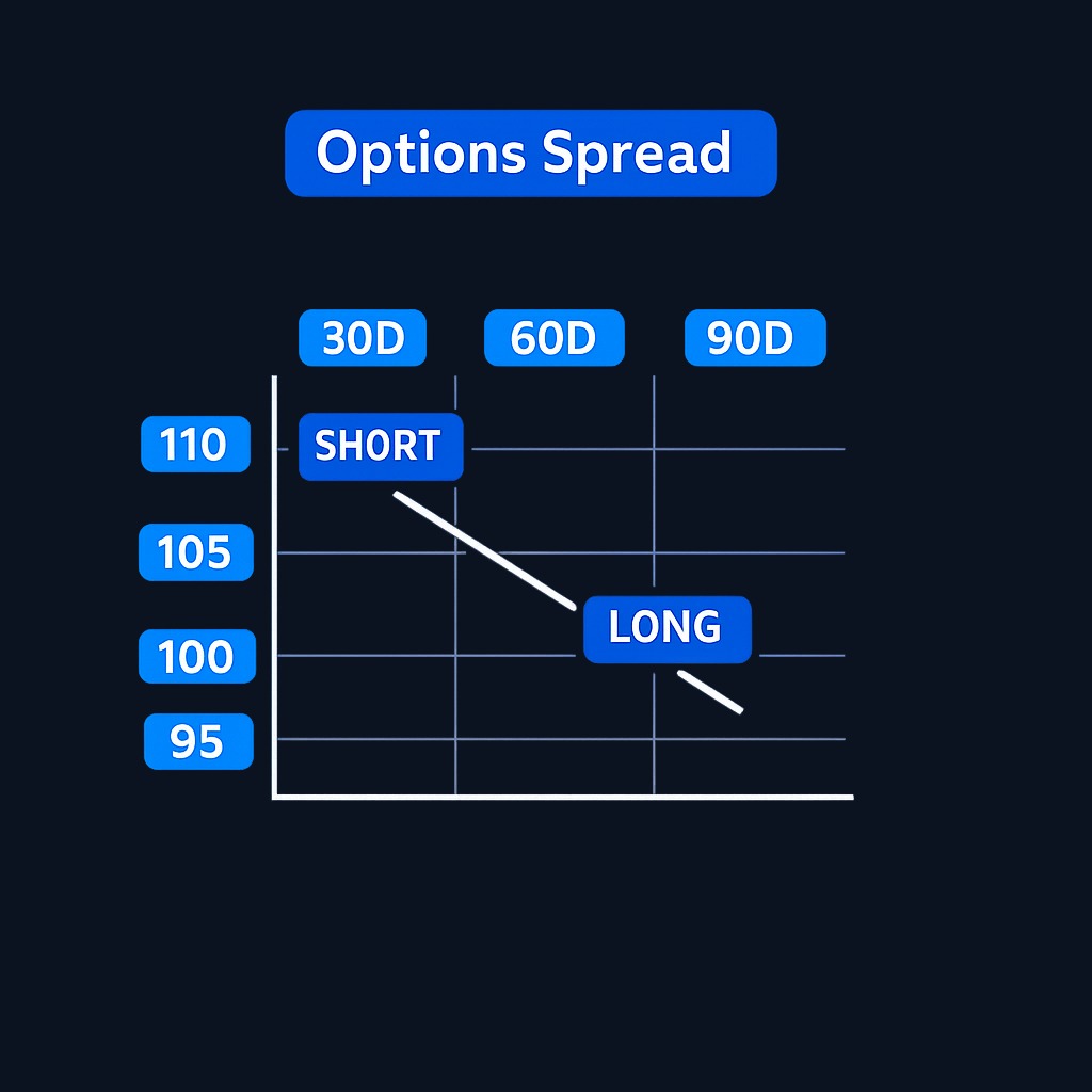 A diagonal spread uses two options that differ in both strike price and expiration date. The 'diagonal' refers to how these options would