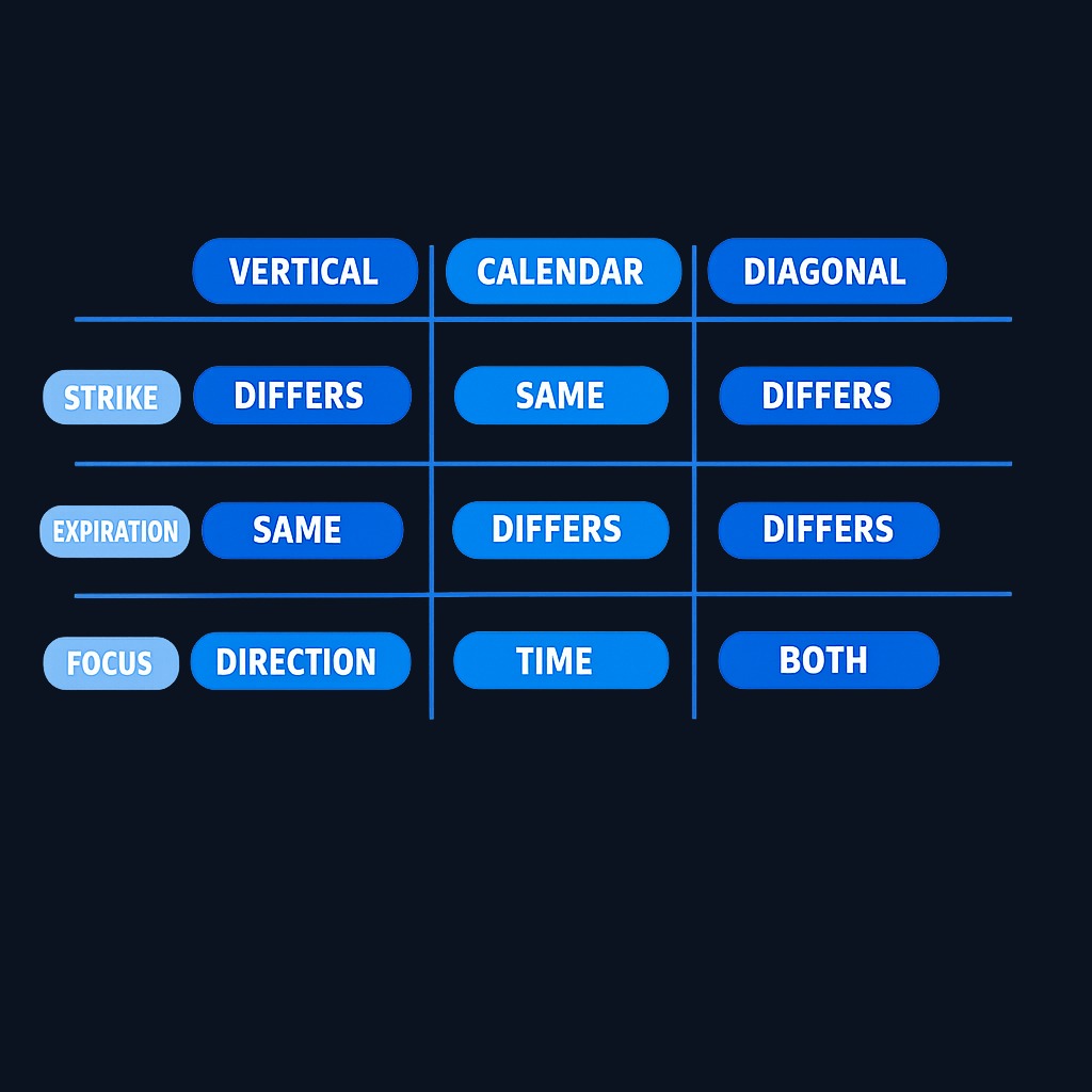 The three spread types differ in which dimension varies: strike, expiration, or both. Vertical spreads hold fixed expiration and vary strike for